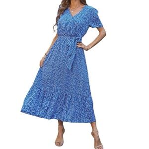 V Neck Short Sleeve Belted Ruffle Floral Summer
Dress Blue White Never Worn Sz L